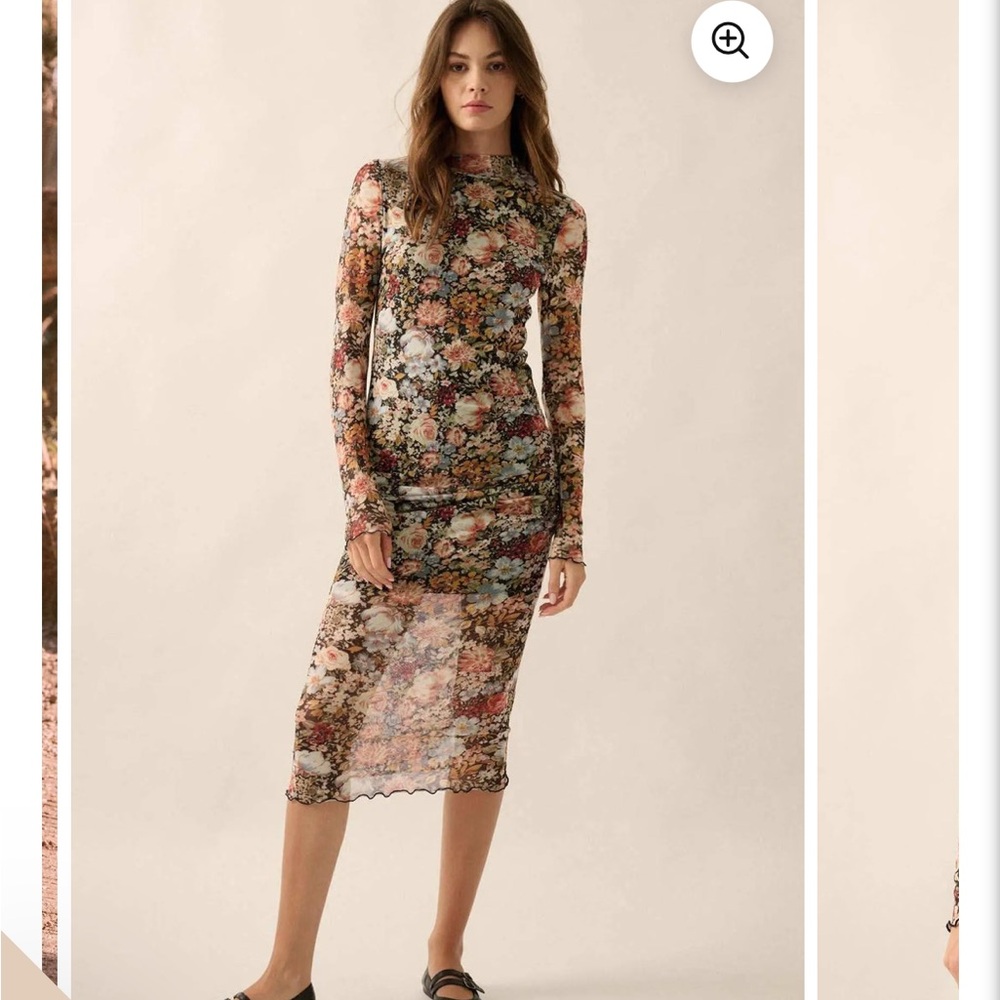 Promesa Floral Long Sleeve Mock Neck Mesh MIDI Dress